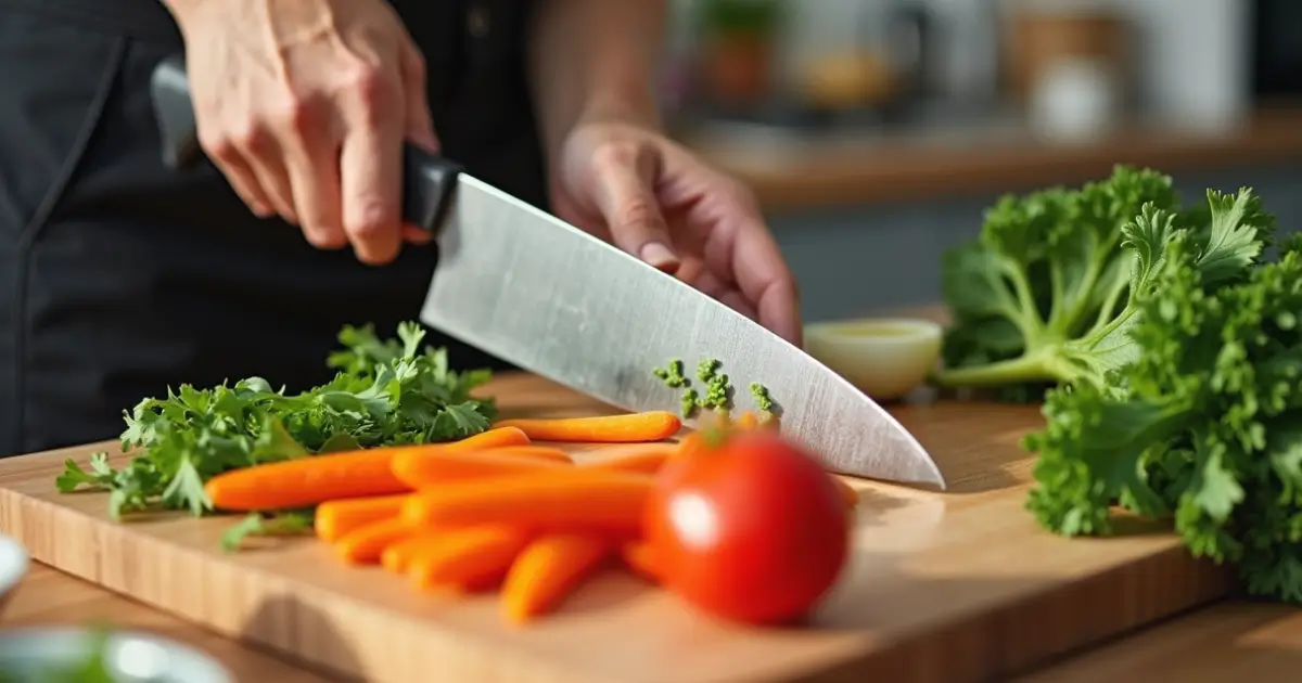 A woman holding a knife cutting vegetables on a cutting board.