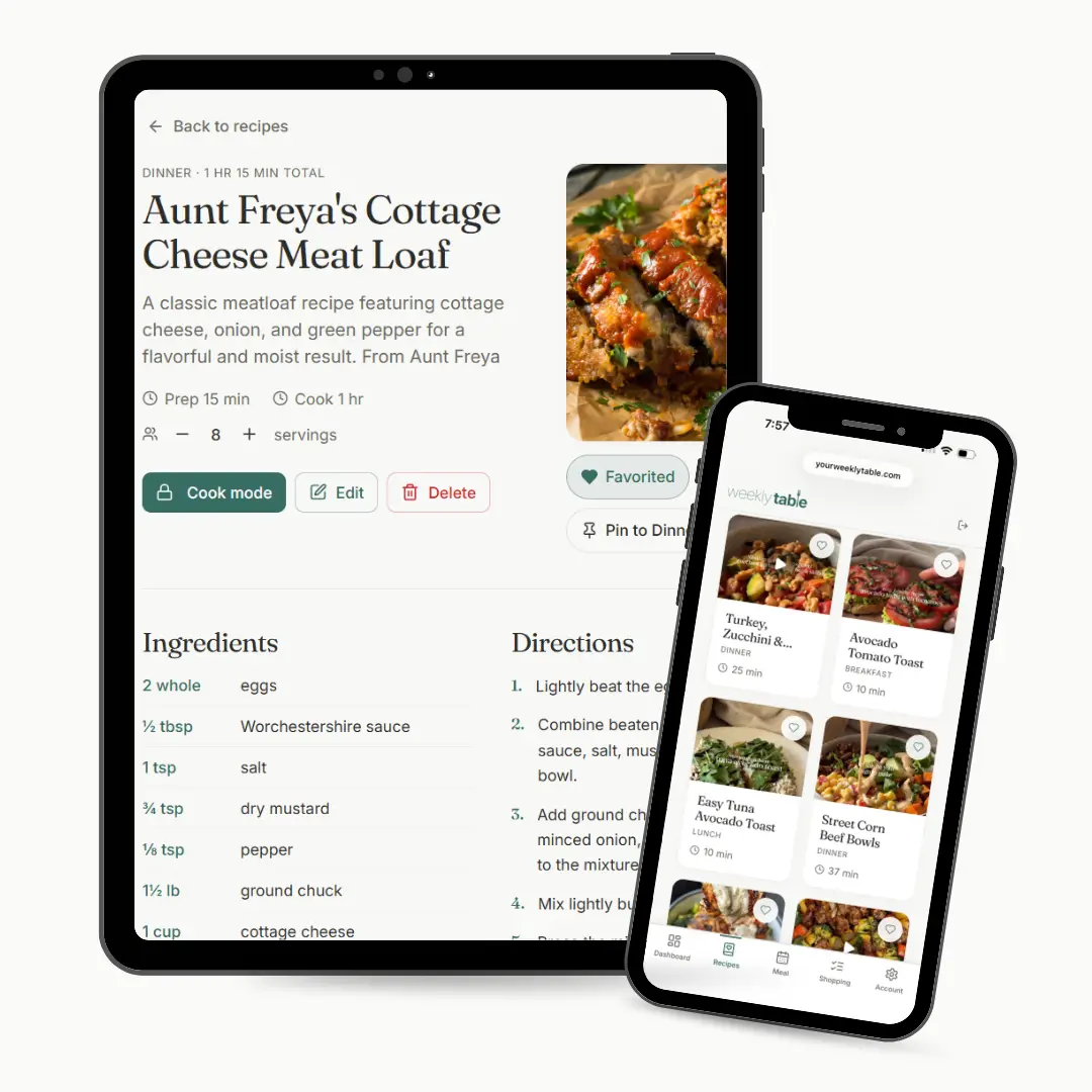 Weekly Table Recipe Card with Aunt Freya's Cottage Cheese Meat Loaf