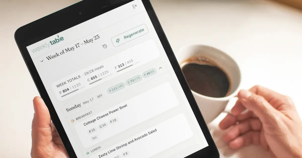 Person holding an iPad with Weekly Table Meal Plan and cup of coffee in the other hand.
