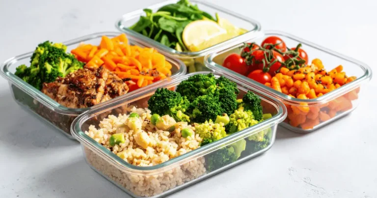 Four containers with food prepared