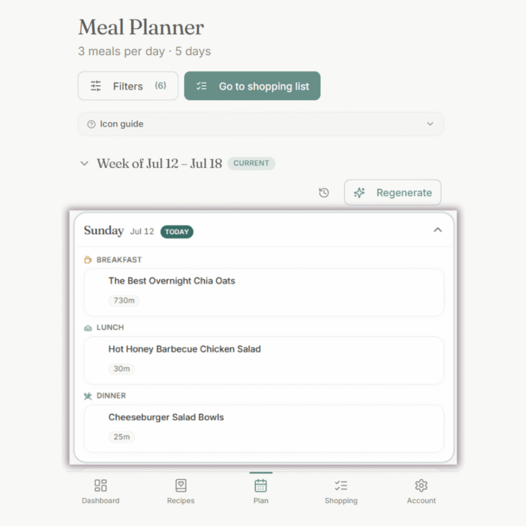 Meal Planner with highlighted Sunday