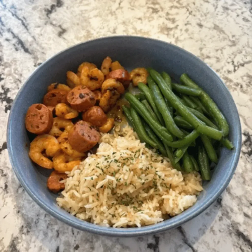 Garlic Shrimp and Sausage with rice and green beans
