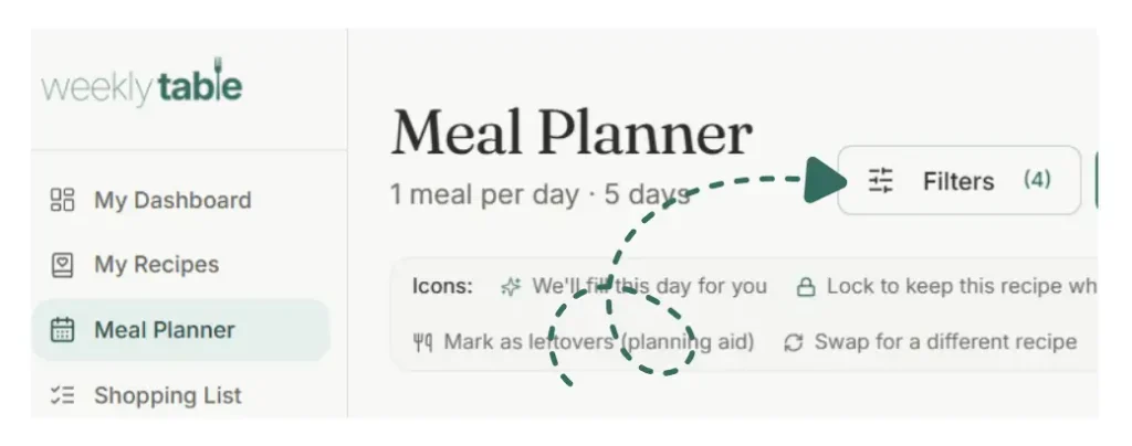 Weekly Table Meal Planner Filters Button
