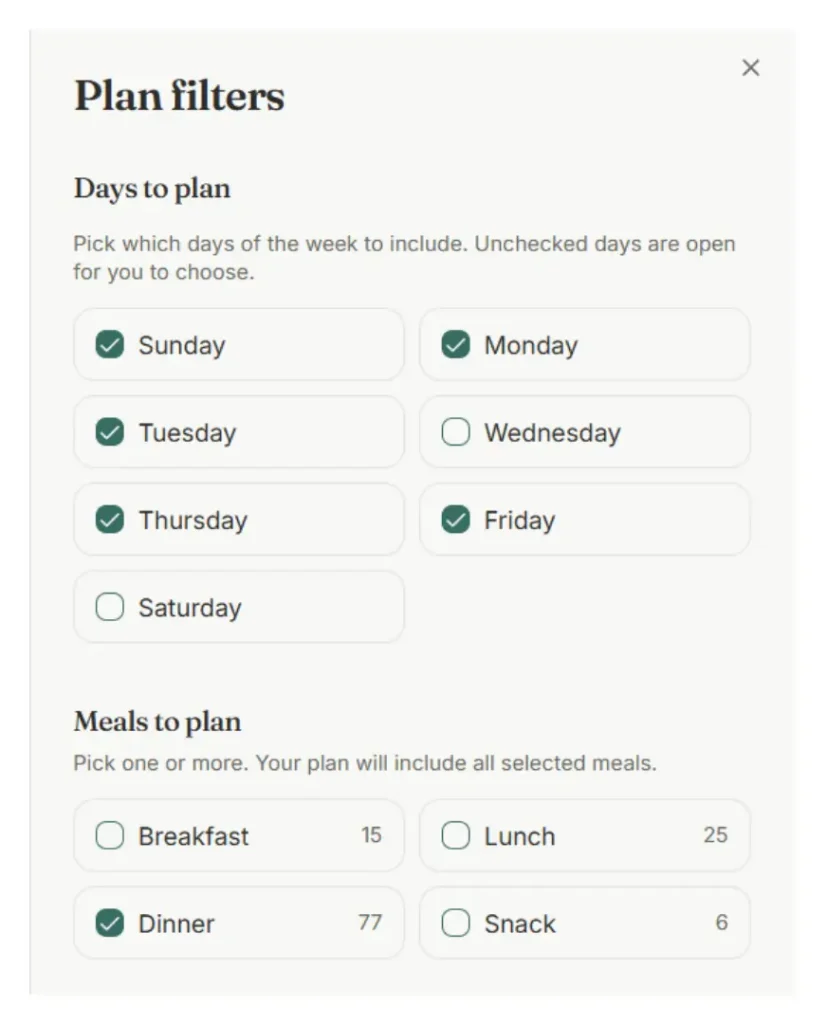 Weekly Table plan filters options