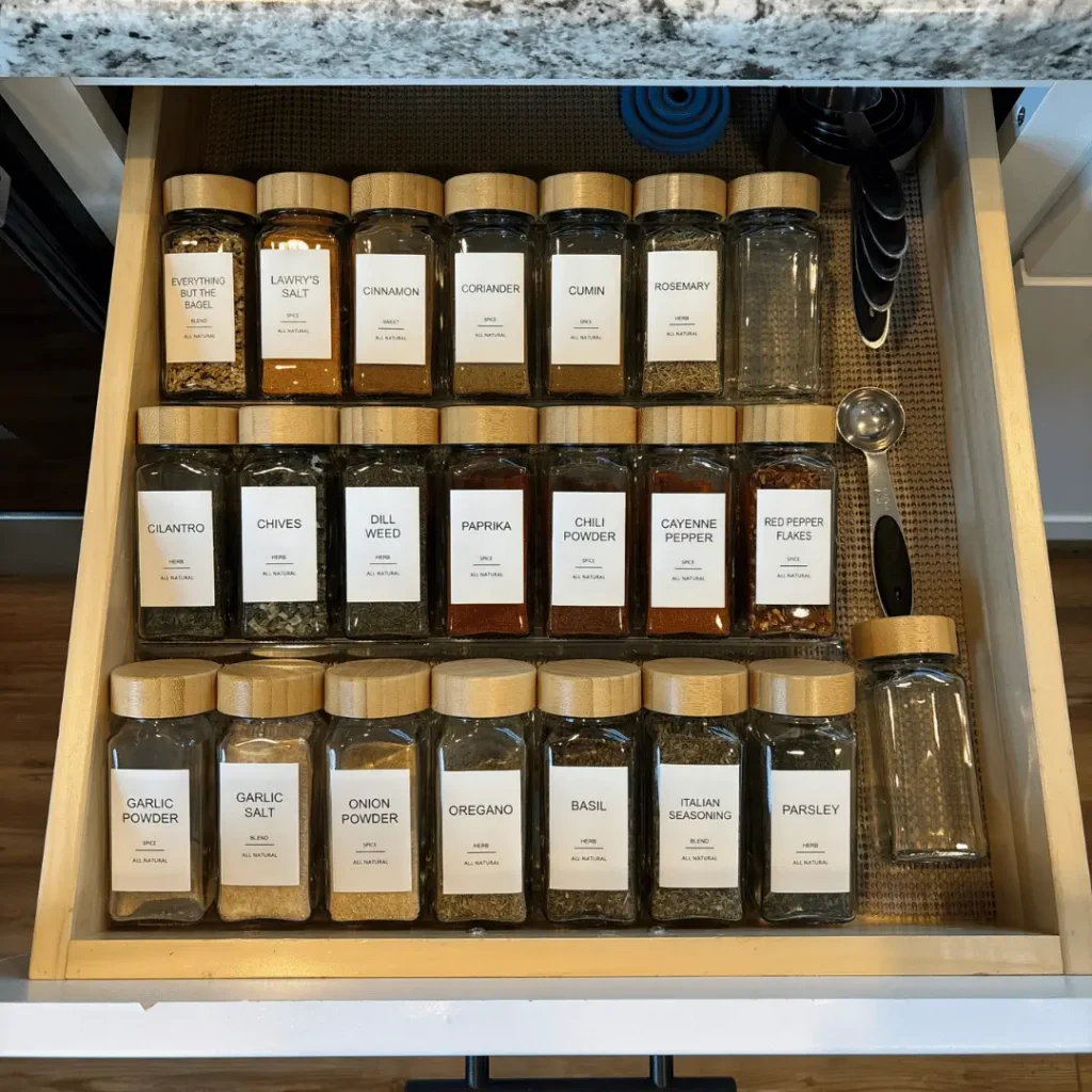 Organized kitchen spice drawer